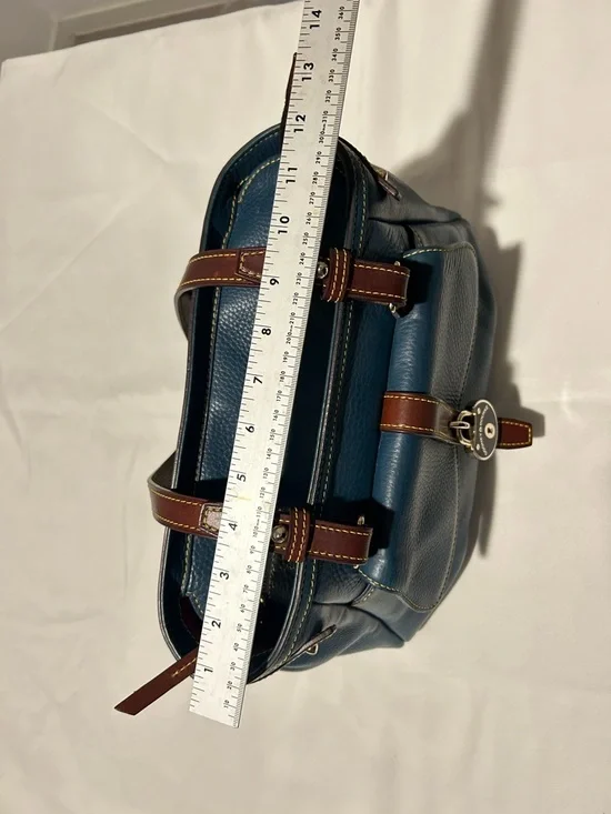 Dooney & Bourke Blue Leather Tote with Brown Trim and Gold Hardware - Picture 12 of 15